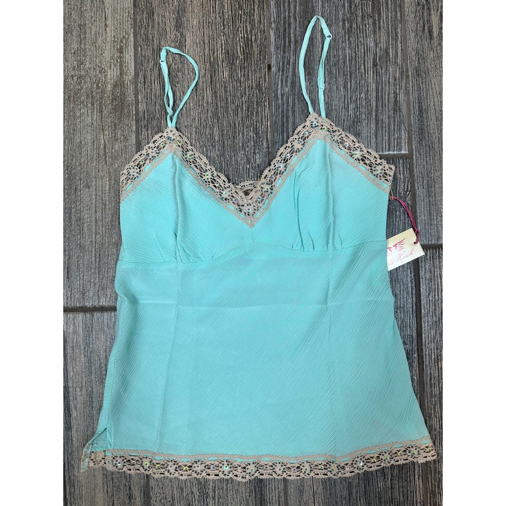 Gold Hawk Tiffany Cami‎ Top Lace Trim Aqua Sleeveless Silk Blouse Size S